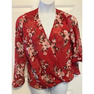 Kut From The Cloth Sz‎ Medium Sheer Red Wrap Blouse Shirt Floral Women’s